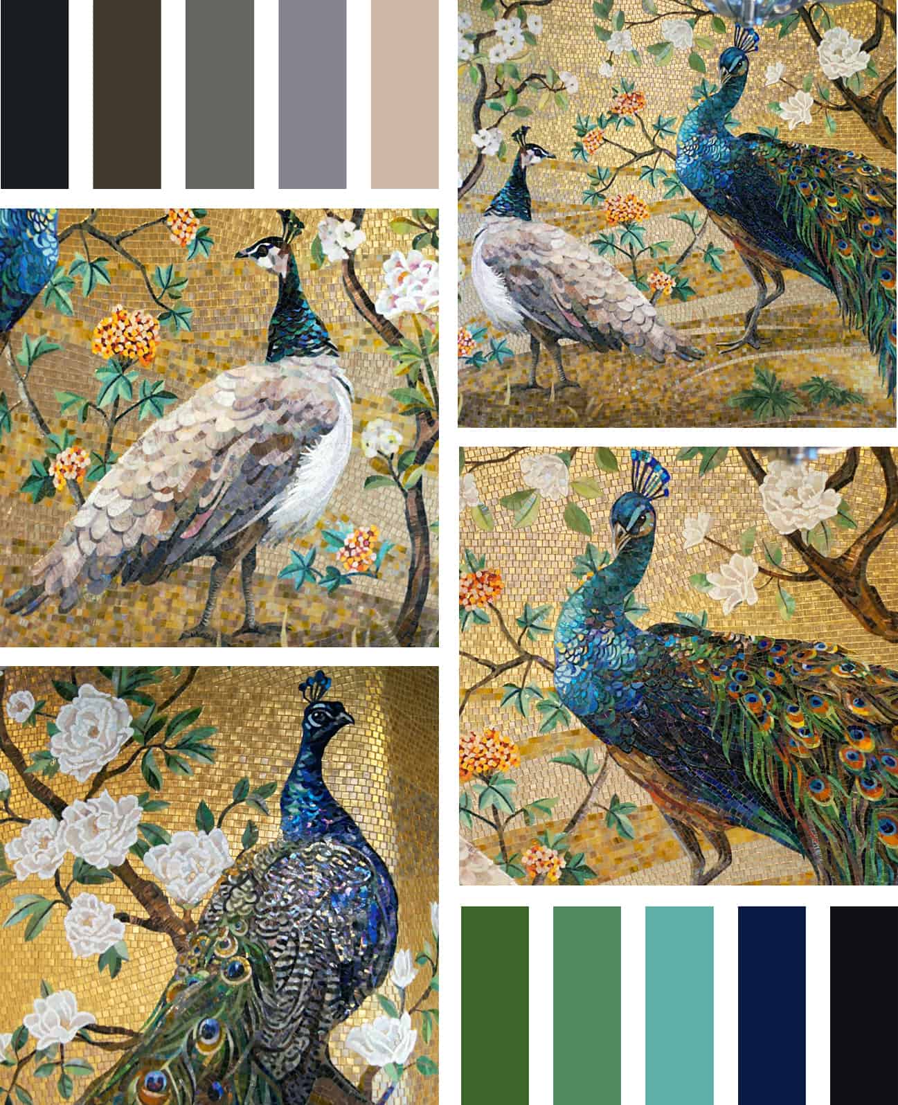 A collage of detailed and colorful mosaic artwork of peacocks with corresponding color palettes.