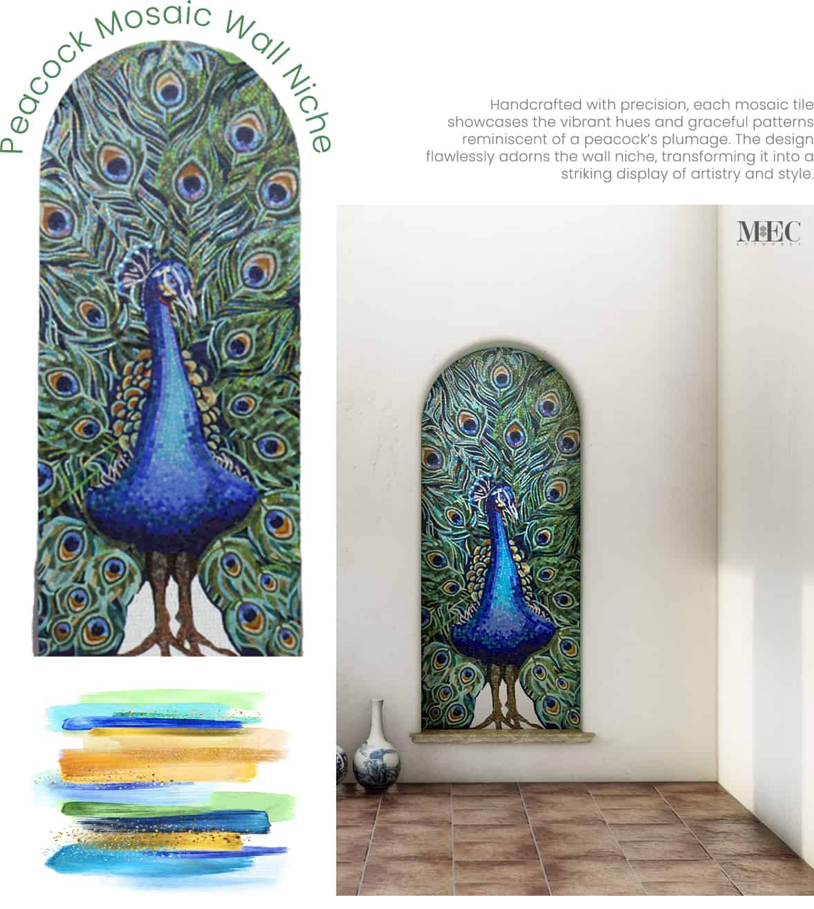 A peacock mosaic niche collage that has a smooth and shiny surface. The glass mosaicthat form a peacock's head, body, and feathers in different shades of blue, green, and purple. The right image shows a close-up view of the mosaic, highlighting the intricate details and colors of the mosaics. 