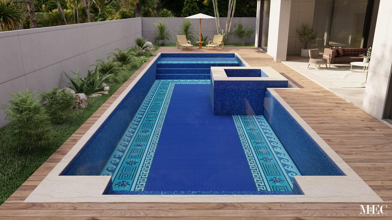 Greek key meander mosaic design borders swimming pool glass tile design