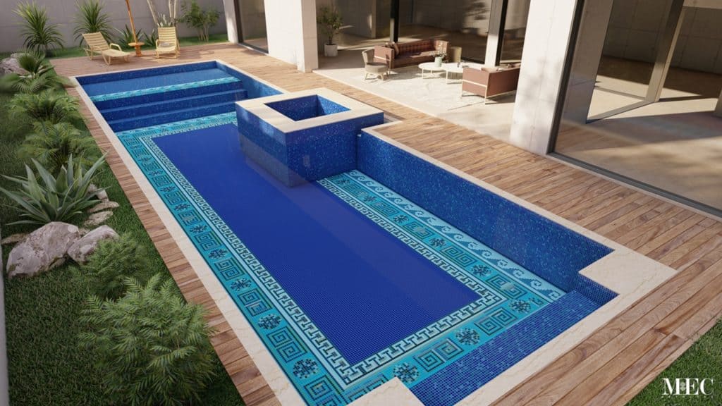 Greek key meander mosaic tile design with borders at the floor of swimming pool glass tile
