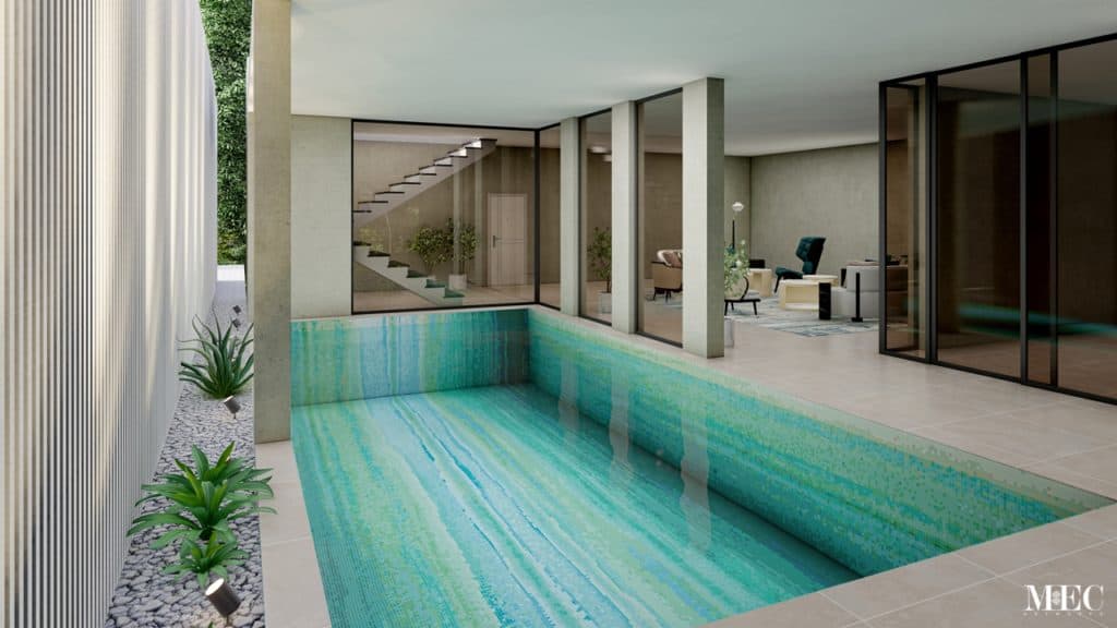 This image is showing an abstract art green, aqua  and blue palette PIXL glass customized mosaic swimming pool tiles
