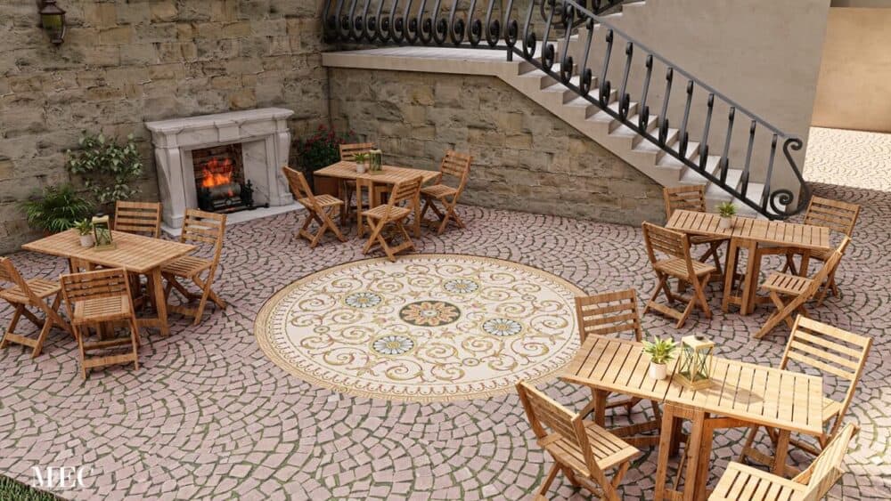blaise custom colorway marble mosaic medallion floor cobblestone courtyard render