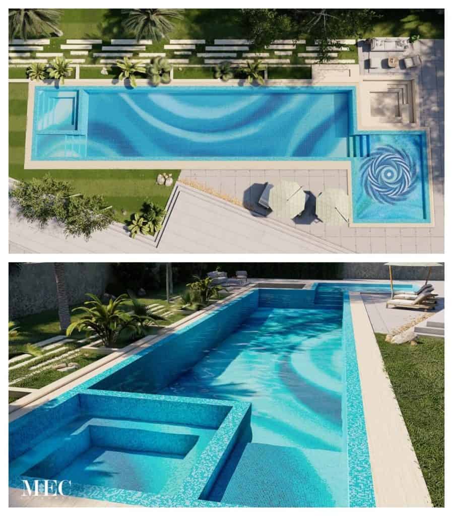 The image is showing a custom pool tile mosaic design abstract evil eye impression on the pool shelf and abstract waves in the main pool