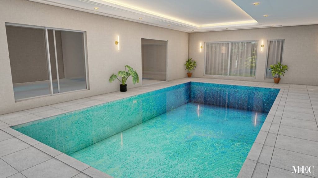 A color palette Ombre Vertex glass pool design with blue colors on the deeper end of the pool which gradually gradients towards a turquoise and green palette.