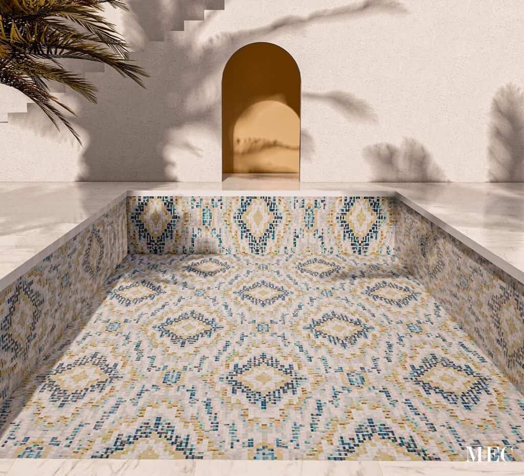 Ikat fabric inspired pool mosaic tile art outdoor day