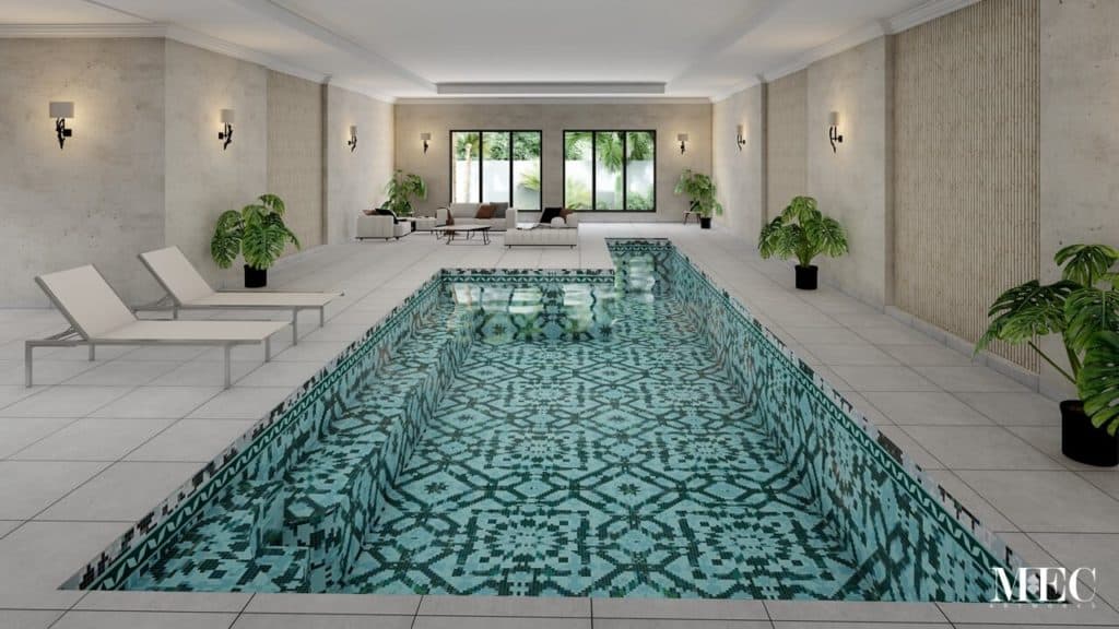 Moroccan trellis geometric glass mosaic swimming pool pattern with custom tiles