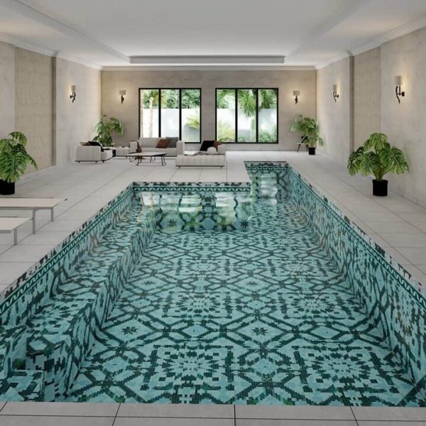 Moroccan trellis geometric glass mosaic swimming pool pattern with custom tiles