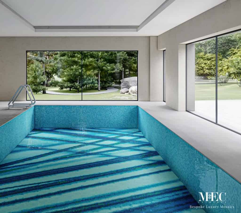 Mosaic Pool Designs 3D render PIXL pattern depicting an abstract blue diagonal line mosaic art.