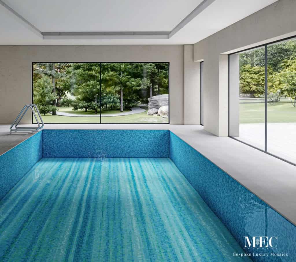 Mosaic Pool Designs 3D render PIXL pattern depicting an abstract blue vertical line mosaic art in light shades of blue and aquamarine.