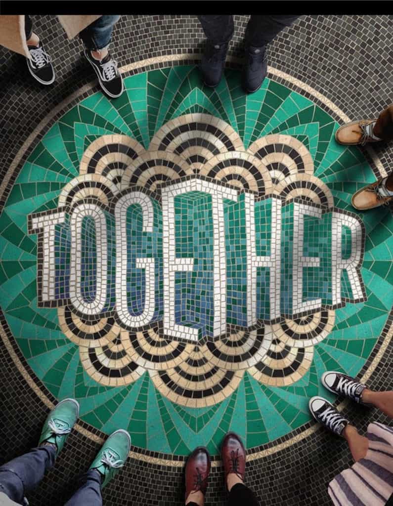 TOGETHER' mosaic design surrounded by feet. Unity, community, and togetherness concept.