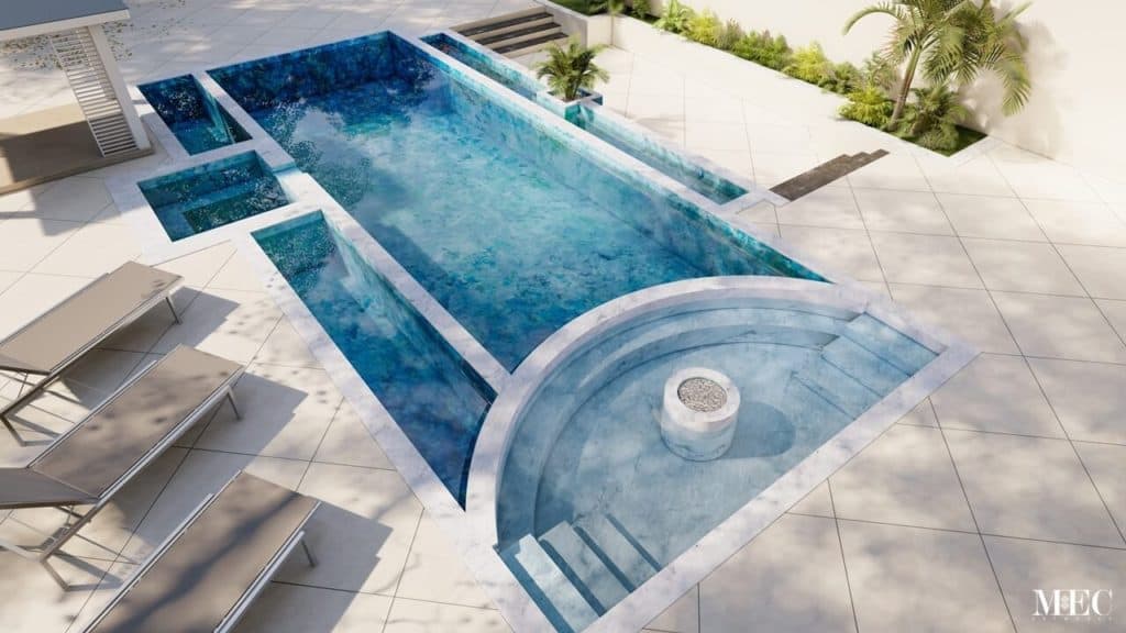 Outdoor luxurious pool render showing an abstract blue mosaic design. Darker shades towards the either end of the pool.