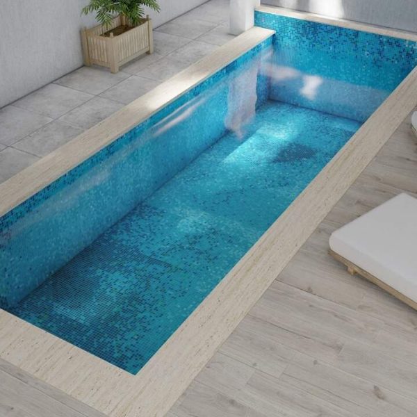 A blue glass mosaic pool tiles with a subtle twist – a digitally created PIXL abstract pattern.