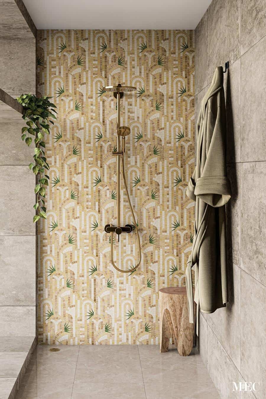 lisse glass mosaic tile wall pattern art deco shower area