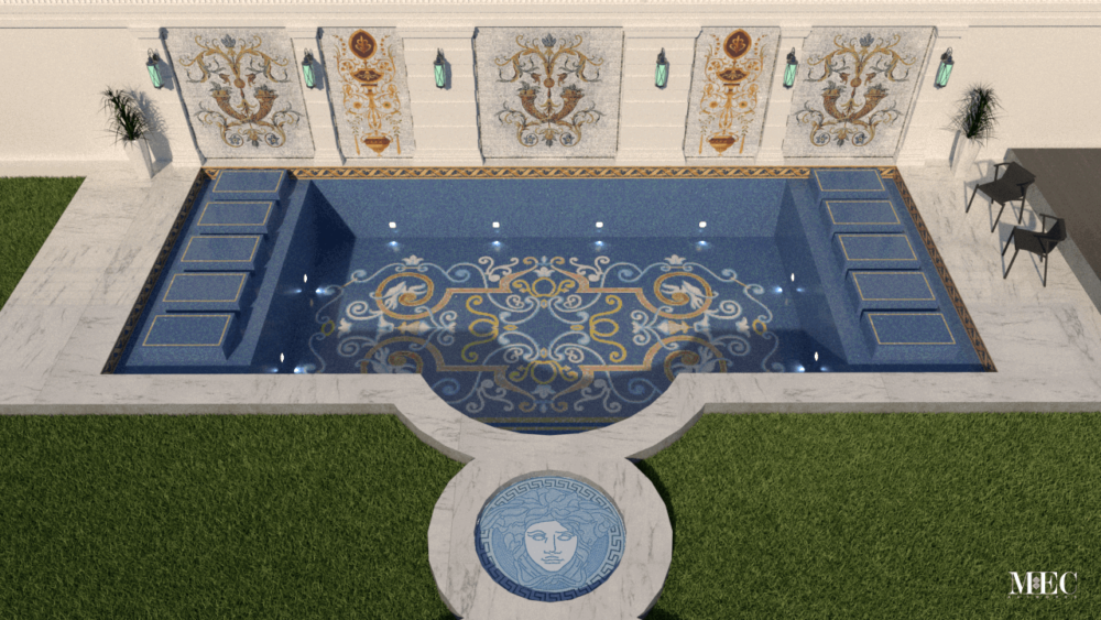 Classical European ornamental pool mosaic landscape render with Versace pool medallions