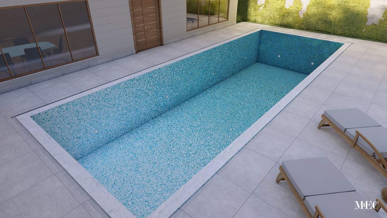 This image is showing a custom made blue glass mosaic fading pool tile shade depth