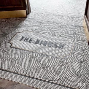Store name Typography Mosaic Floor Made with Marble and Brass waterjet and handcut