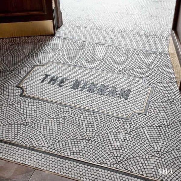 Store name Typography Mosaic Floor Made with Marble and Brass waterjet and handcut