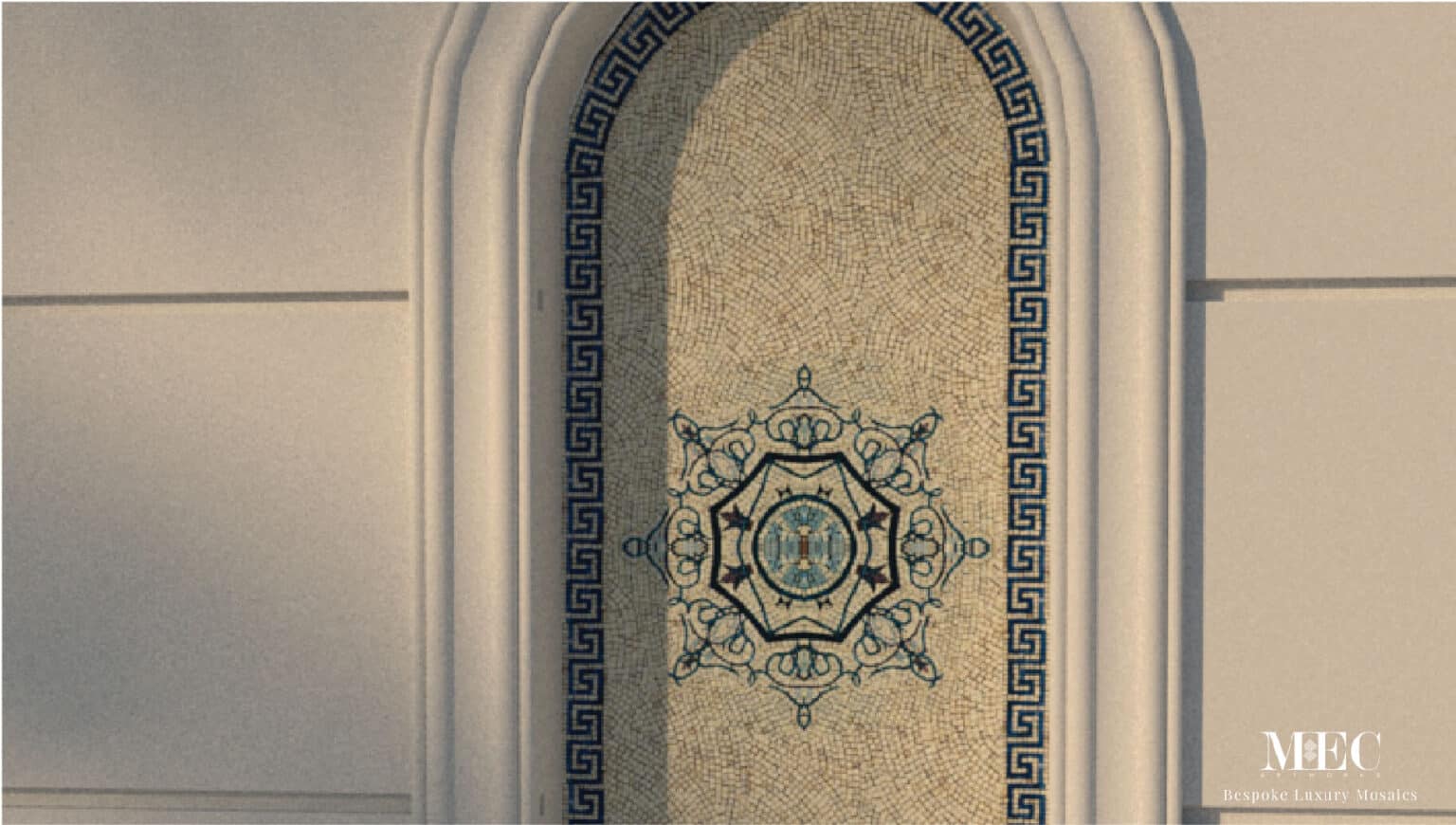 crema-marfil-handcut-marble mosaic tile artwork niche front elevation