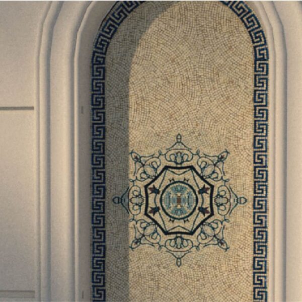 crema-marfil-handcut-marble mosaic tile artwork niche front elevation