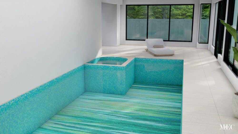 custom rainforest teal PIXL Prism glass mosaic pool