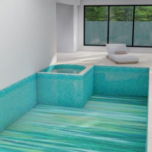 custom rainforest teal PIXL Prism glass mosaic pool