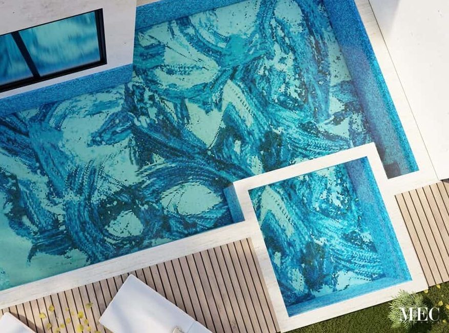 exciting blue abstract art glass mosaic swimming pool with paint brush strokes