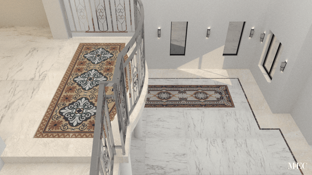 fleur de lis and mara marble mosaic rug renders
