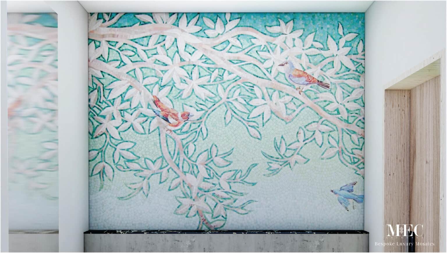 birds vibrant aqua glass mosaic bathroom wall