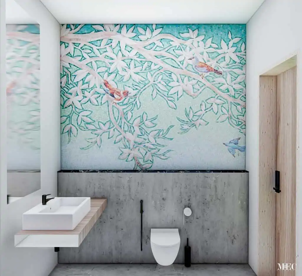 birds vibrant aqua glass mosaic bathroom wall art