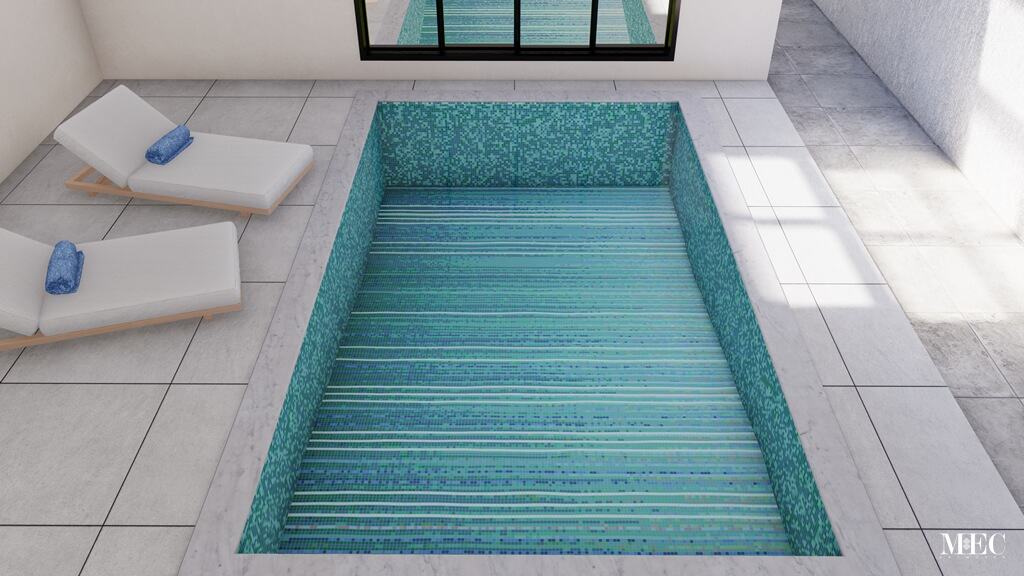 custom PIXL mosaic design swimming pool tiles blue lines