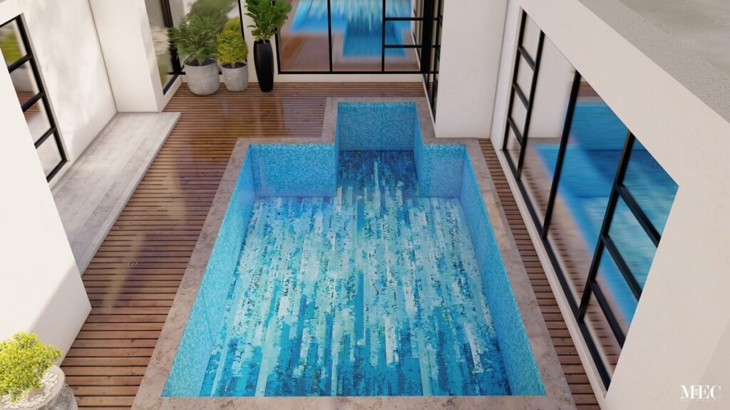 abstract blue and white strip pool mosaic tile art