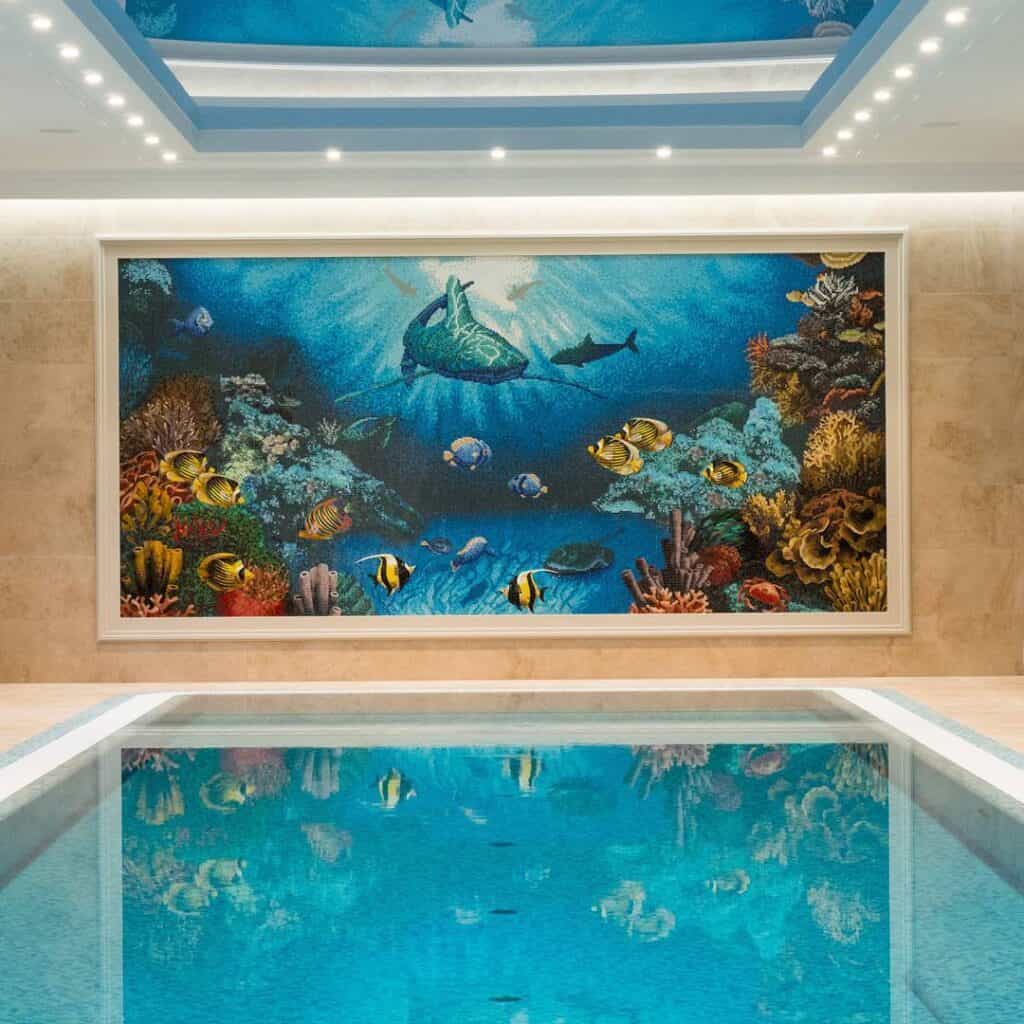 ocean mosaic pool area niche mural handcut glass tile artwork feature wall