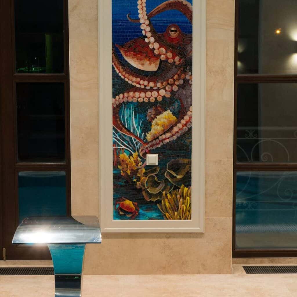 ocean mosaic pool area niche mural handcut glass tile artwork octopus