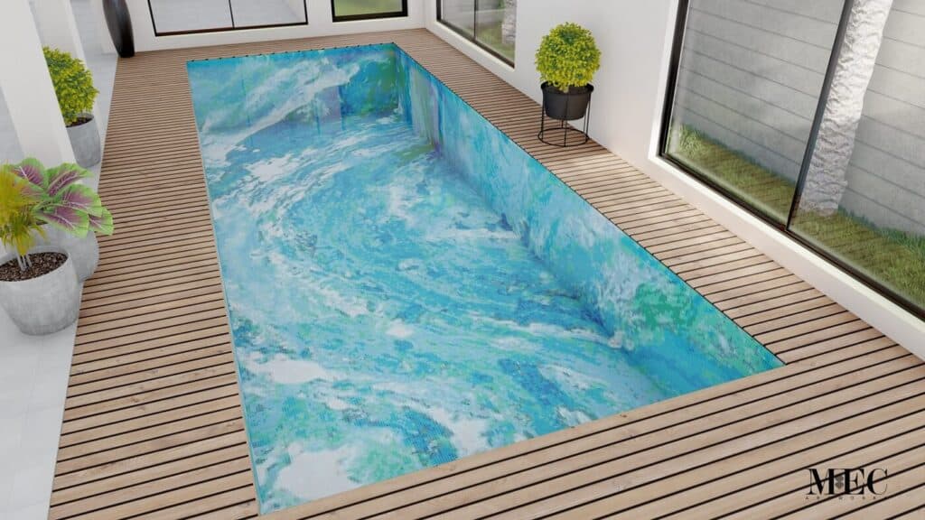 Transform your pool area using an abstract glass mosaic custom designed surf wave pool pattern. 
