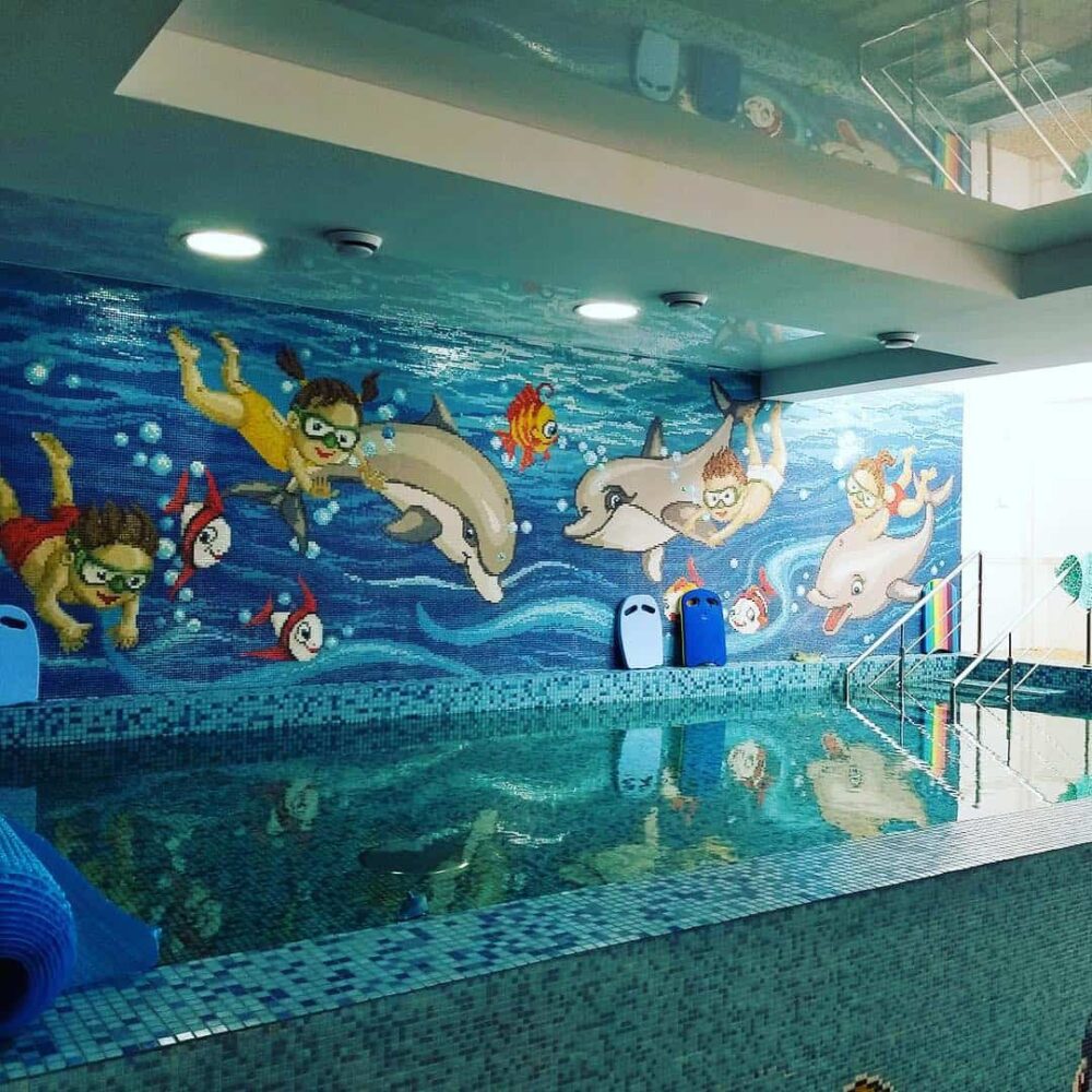 Swimming With The Dolphin Pool Wall Mural Kids 1000x1000 