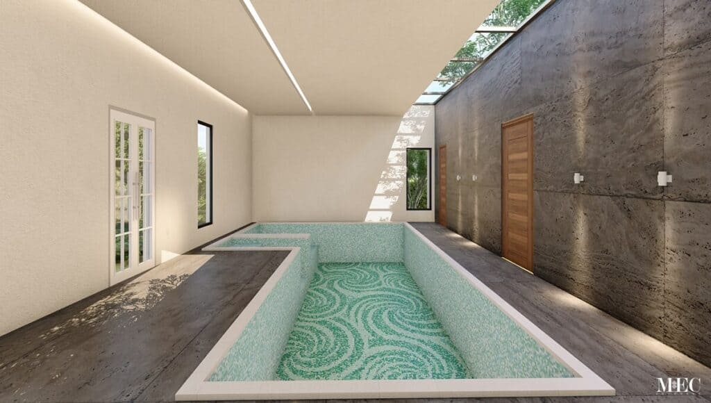Swirl whirlpool swimming pool decoration with green 
glass mosaic tiles. MEC designed this custom PIXL pattern.
