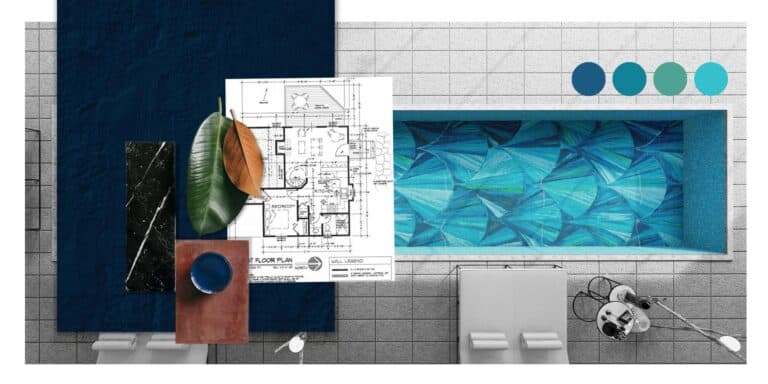top-down view render of a swimming pool depicting a custom made mosaic tile art with a collage of palette and design inspiration