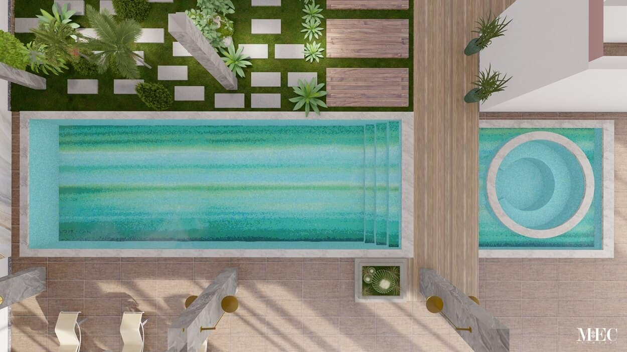 Rendered image showcasing an abstract green and turquoise glass mosaic PIXL pool mosaic design in a client's space