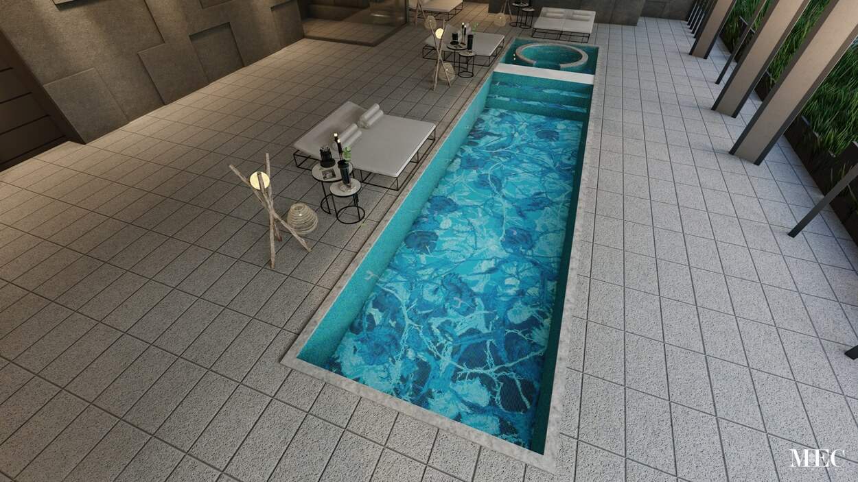 Rendered image showcasing an abstract blue glass mosaic PIXL pool mosaic design in a client's space
