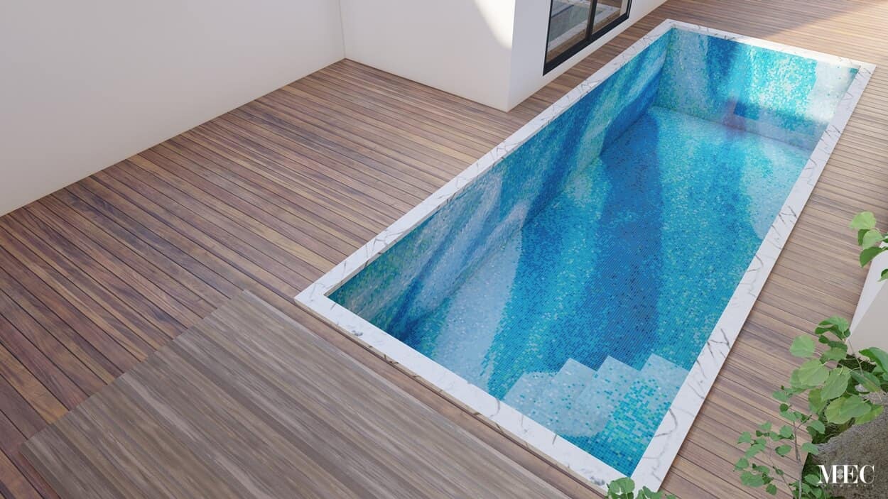 Rendered image showcasing an abstract aqua blue glass mosaic PIXL pool mosaic design in a client's space