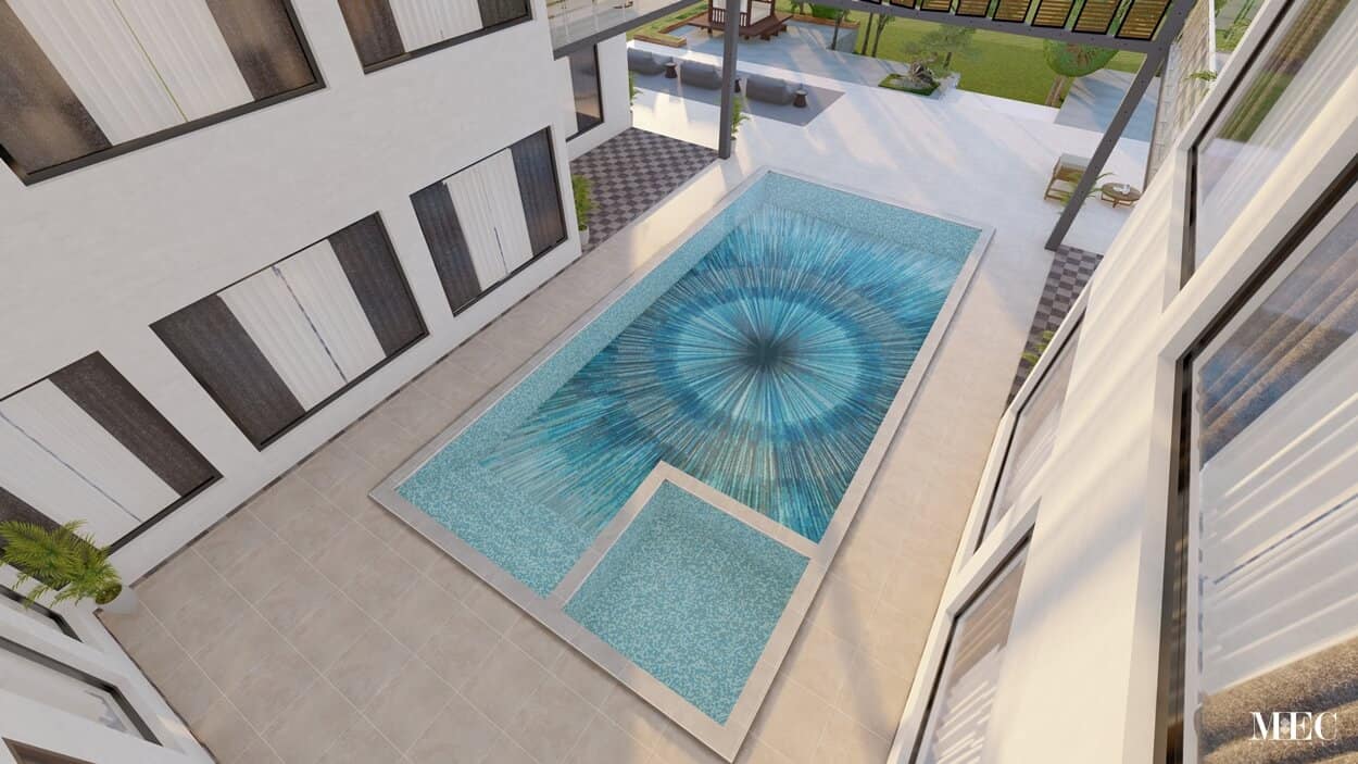 Rendered image showcasing an abstract glass mosaic PIXL pool mosaic design in a client's space