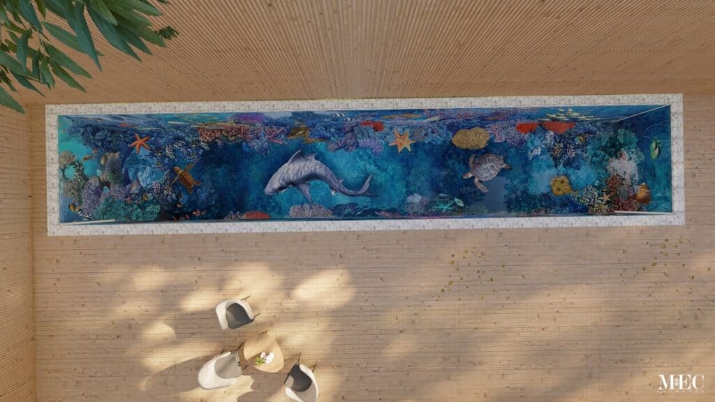 A wider view of aquatic mosaic artwork of marine life inside the swimming pool 