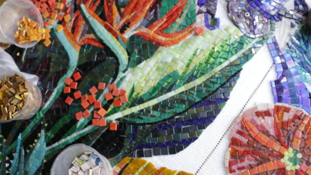 A mosaic artwork of various colors and shapes. 
