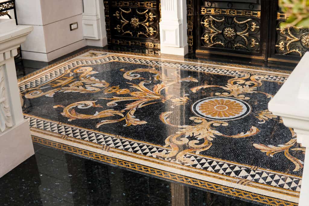 Dekorr mosaic floor tiles handcut rug featuring acanthus leaves and opulent details