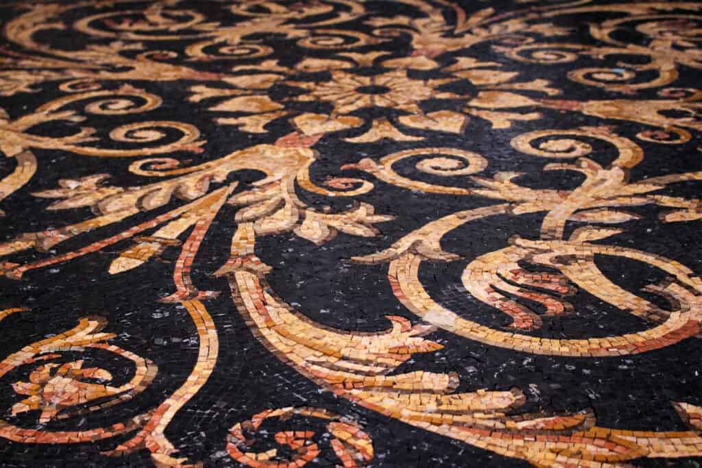 A close-up view of the marble mosaic floor in stunning pattern. 