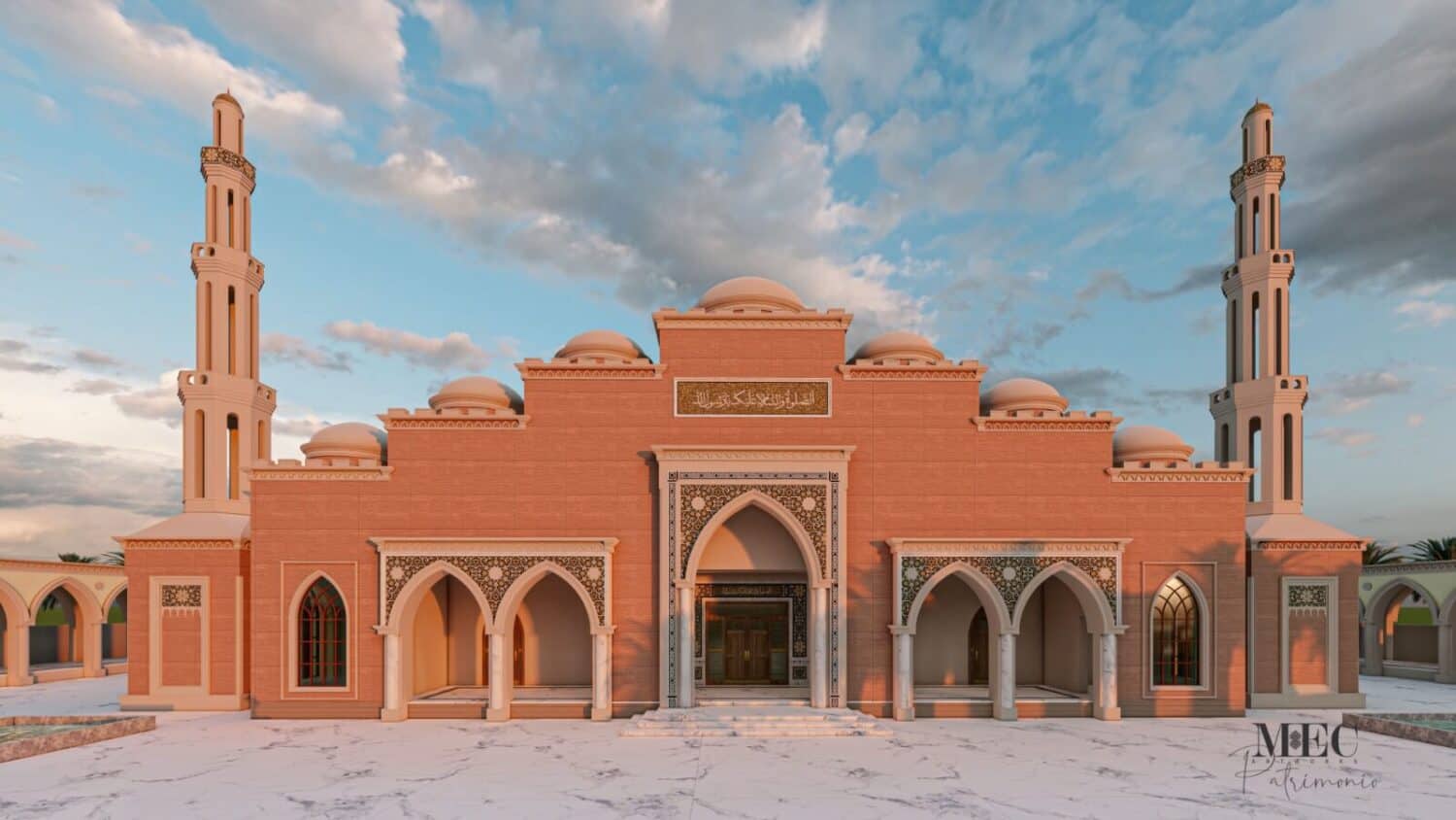 Moroccan Mosaic Mosque Calligraphy Tile art 3D render exterior back elevation