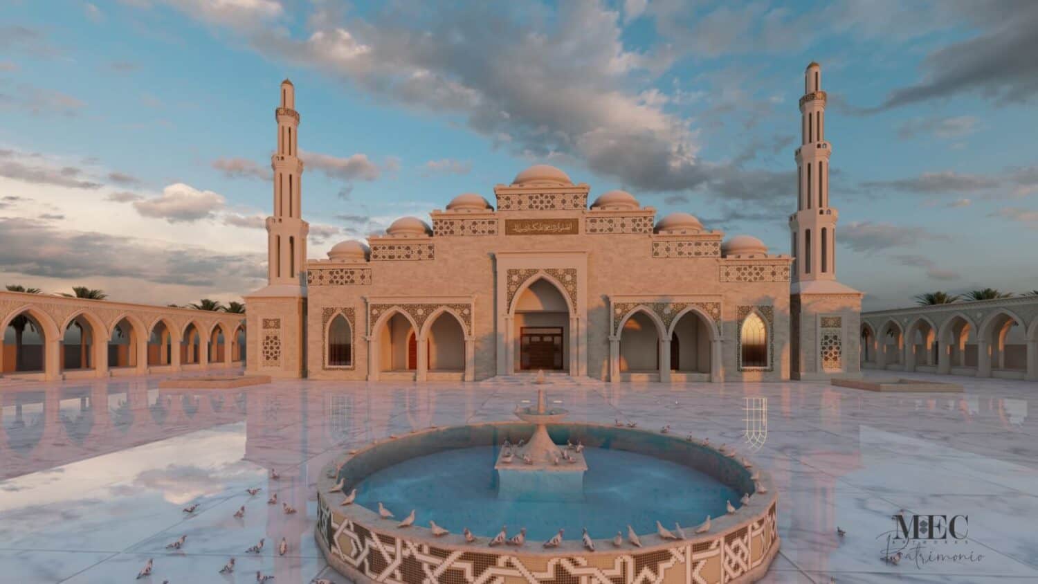 Moroccan Mosaic Mosque Calligraphy Tile art 3D render exterior with fountain