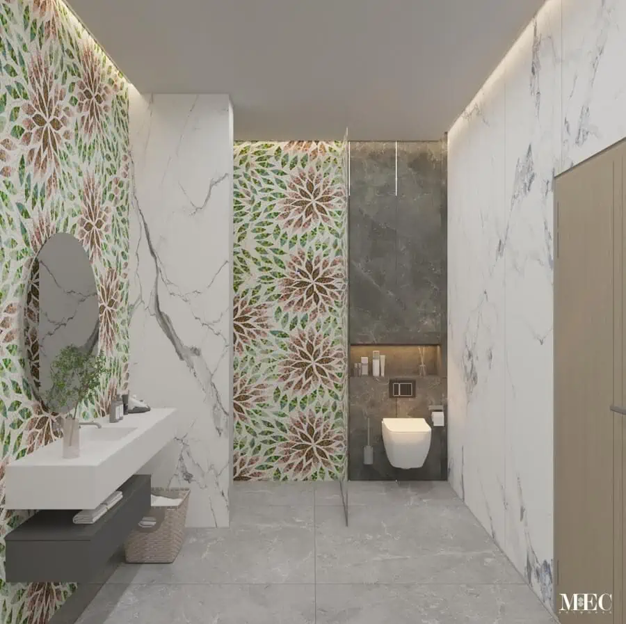 Petalo Floral Tile brown and green bathroom wall
