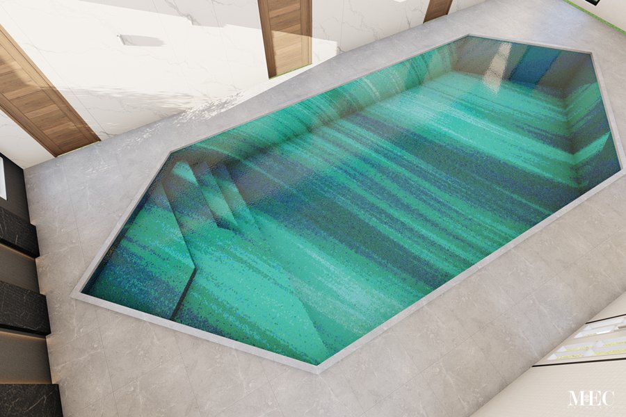Polygon swimming pool render depicting abstract string waves PIXL mosaic pattern in a green palette