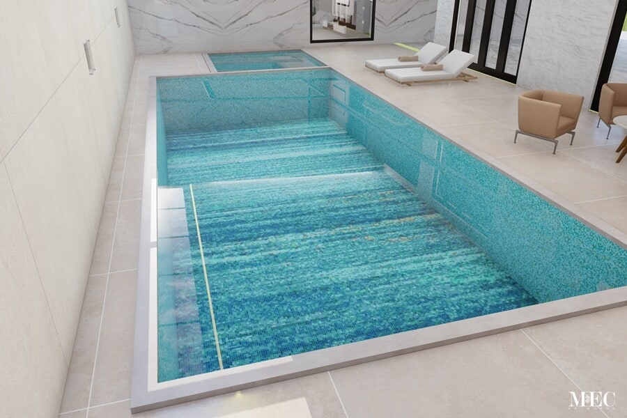 custom mosaic tile pool design PIXL Vertex glass blue colorway